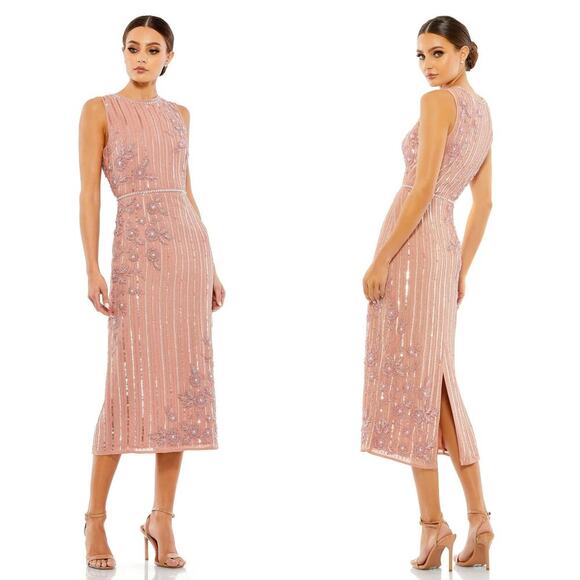 Mac Duggal 70260 Dress Floral Beadwork Sleeveless Midi Sheath Rose Pink NWT 10 - Picture 1 of 8